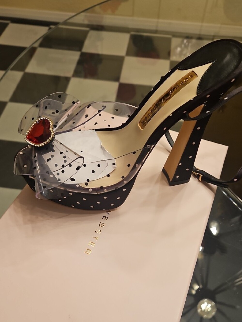 New Sophia Webster Black Polka Dot Platform Sandal with Clear Bow and Red Heart - Picture 7 of 7